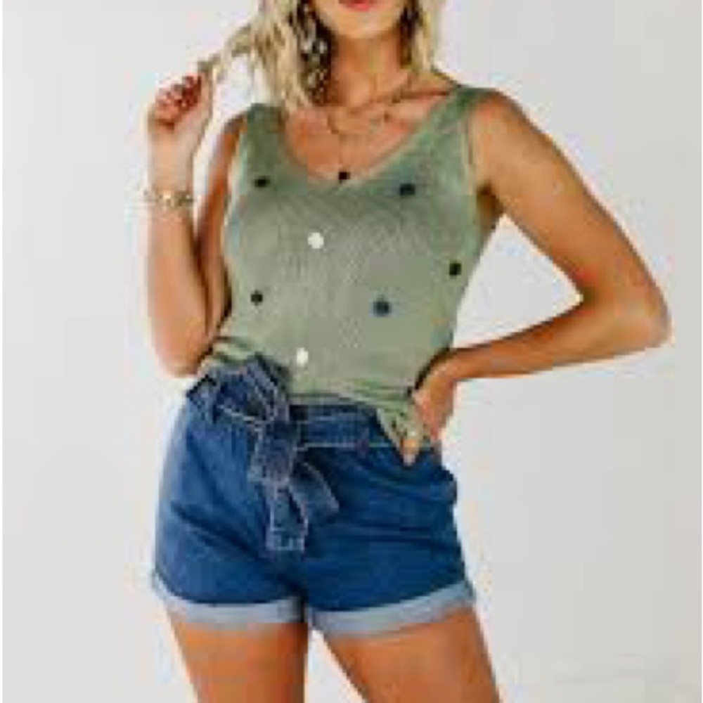 Blu Pepper Knit Tank Sweater Top Sleeveless Green Pom Pom V-Neck Sweater M